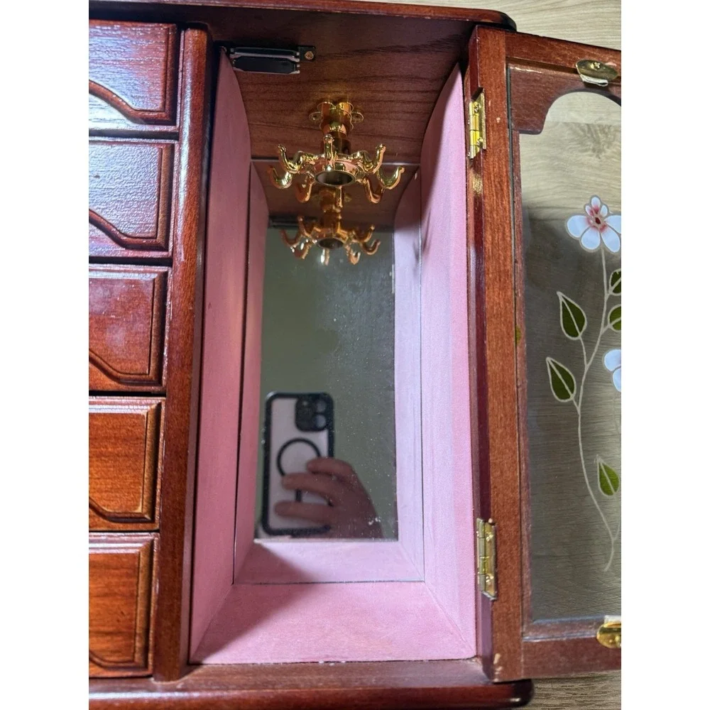 Tabletop Mahogany Jewelry Armoire Box Storage Chest Etched Glass Door 6 Drawers